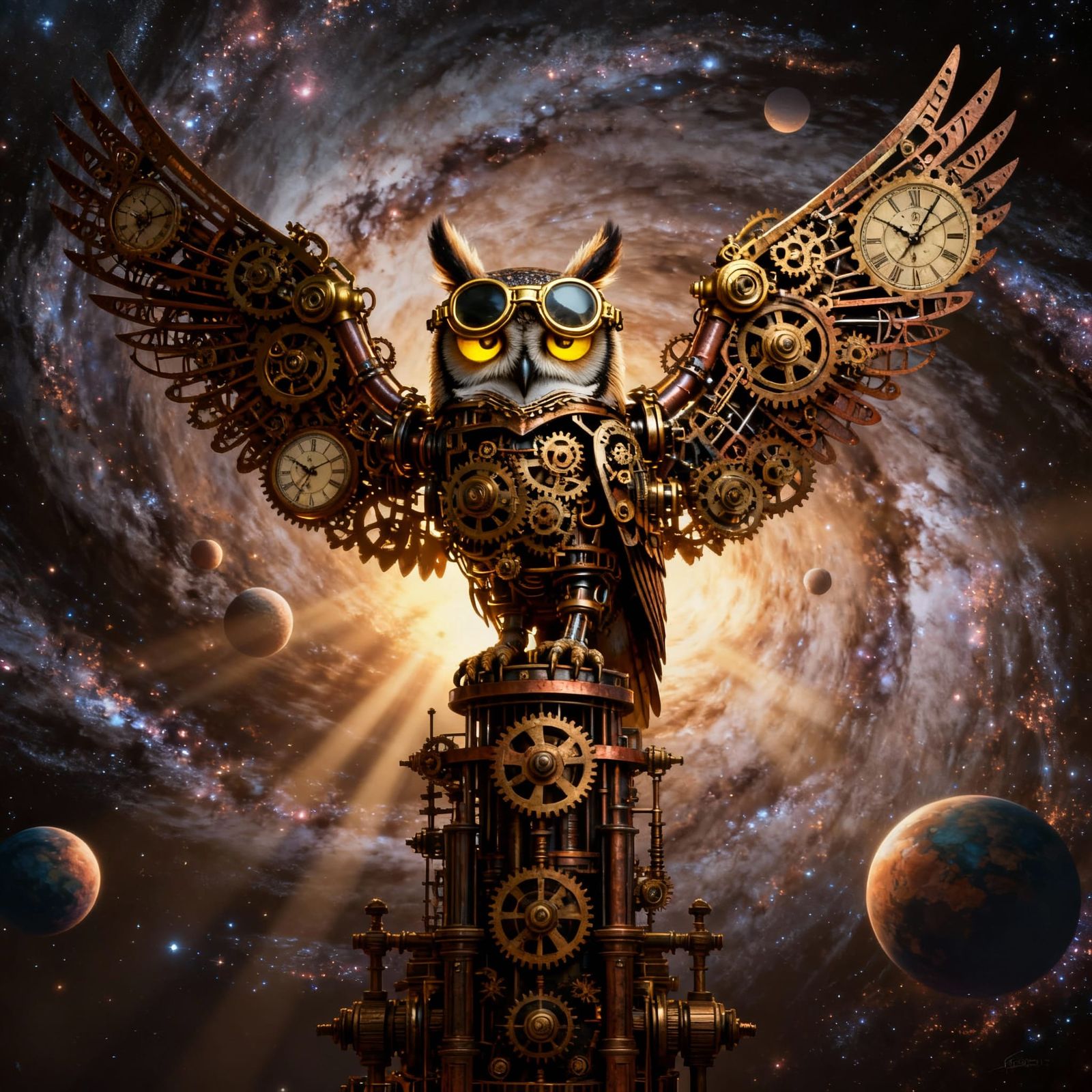 Steampunk Owl with Clockwork Wings on Automaton