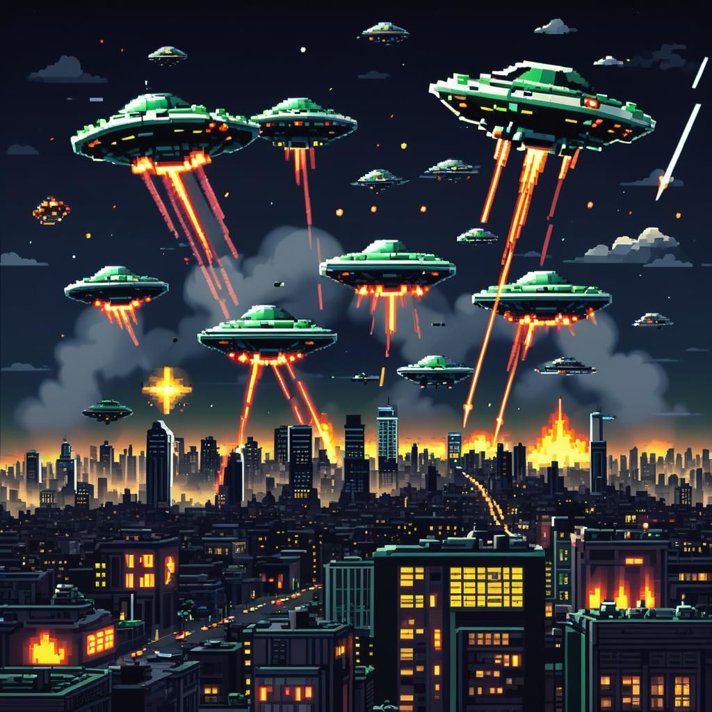 8-Bit Pixel Art: UFO Attack on City