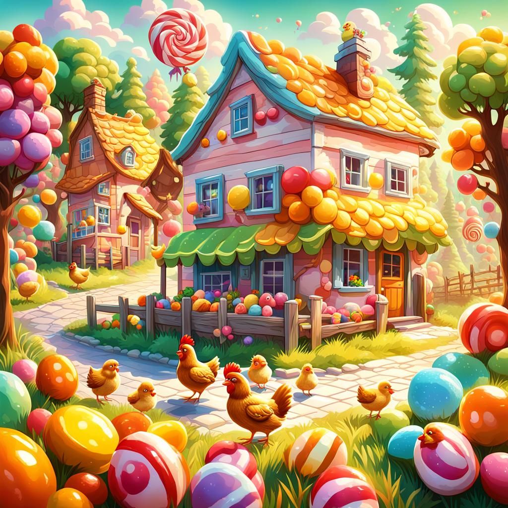 Mother Hen and Chicks in Candyland Art Style