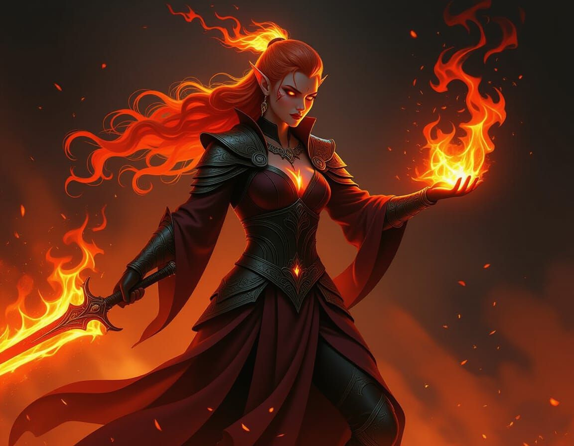 Fire Elf Wielding Molten Blades in Michelangelo Style
