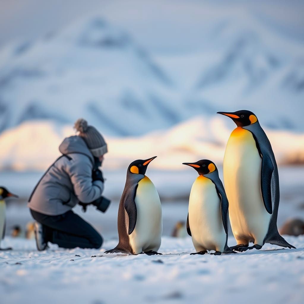 King Penguin Family Approaching Photographer in Winter Bay
