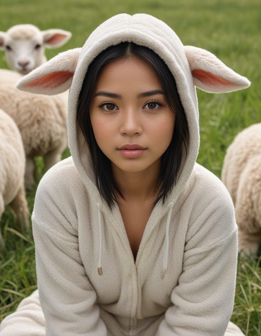 Anxious Woman in Lamb Onesie in Grassy Field
