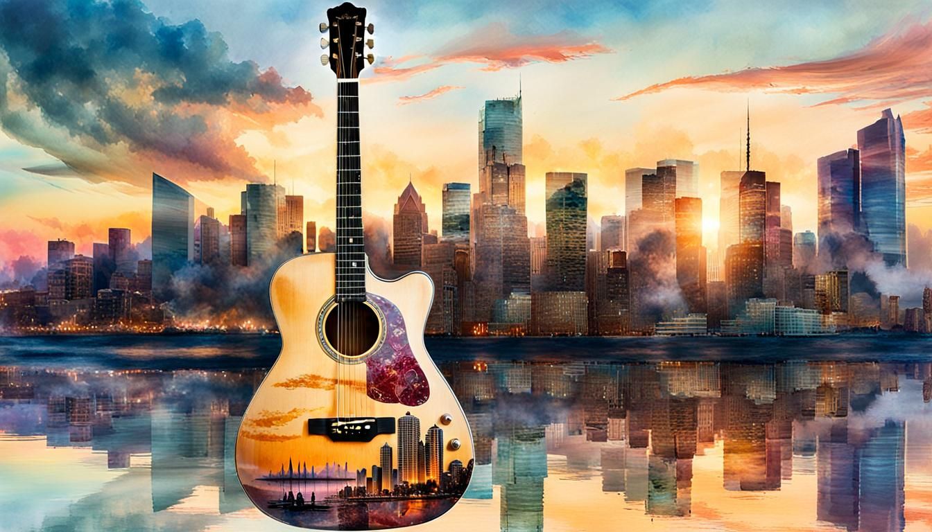 Guitar Double Exposure: City Sunset in Watercolor Style
