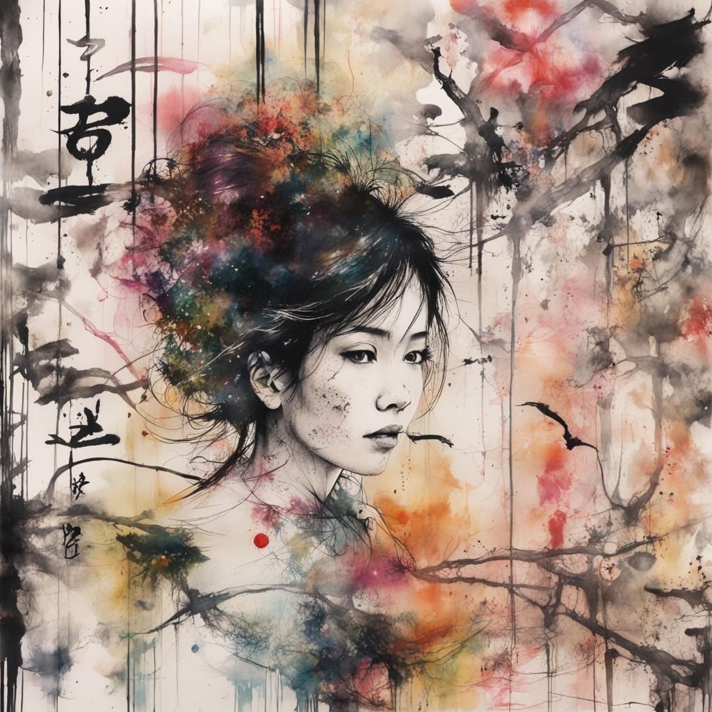 Japanese Ink Nature Scene on Mixed Media Collage