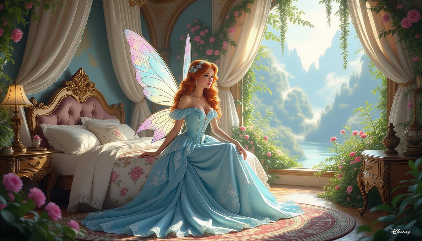 Disney Fairy in Opulent Bedroom: Hyper-Realistic Art