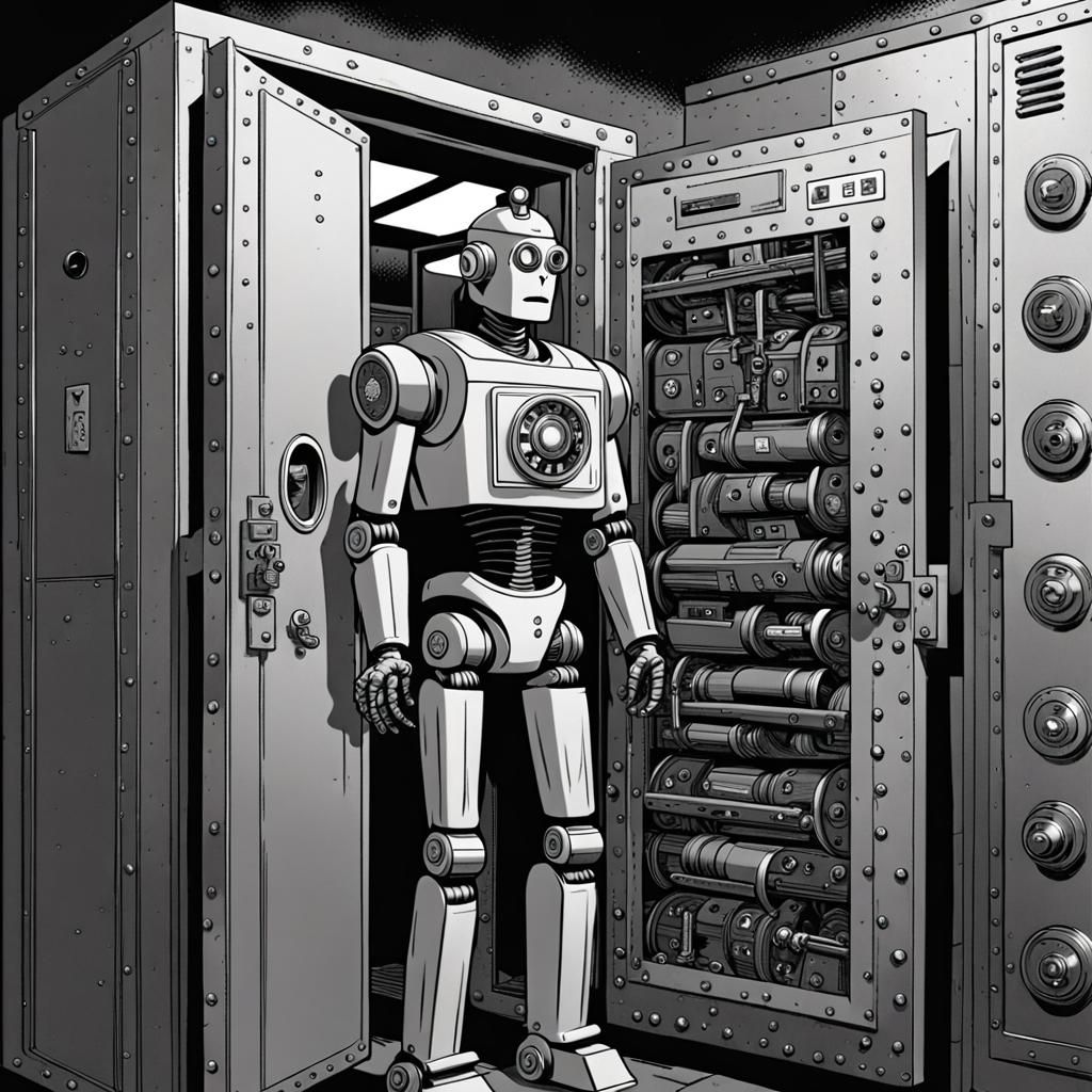 Robot Detective in Bank Vault: 1950s Comic Art