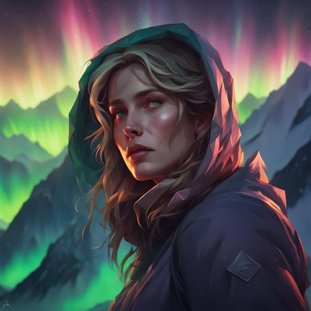 Aurora Borealis Over Mountains, Digital Art