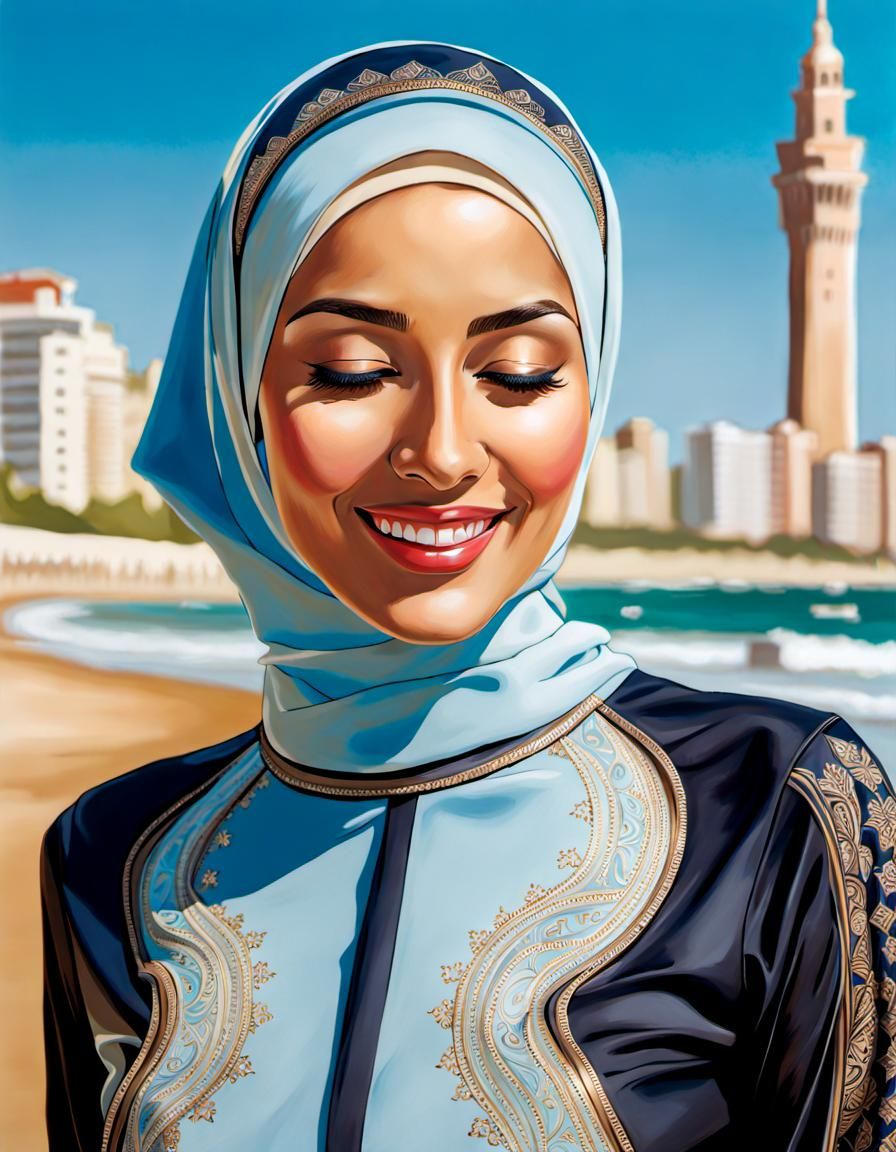 Smiling Woman in Burkini at Beach, Digital Art