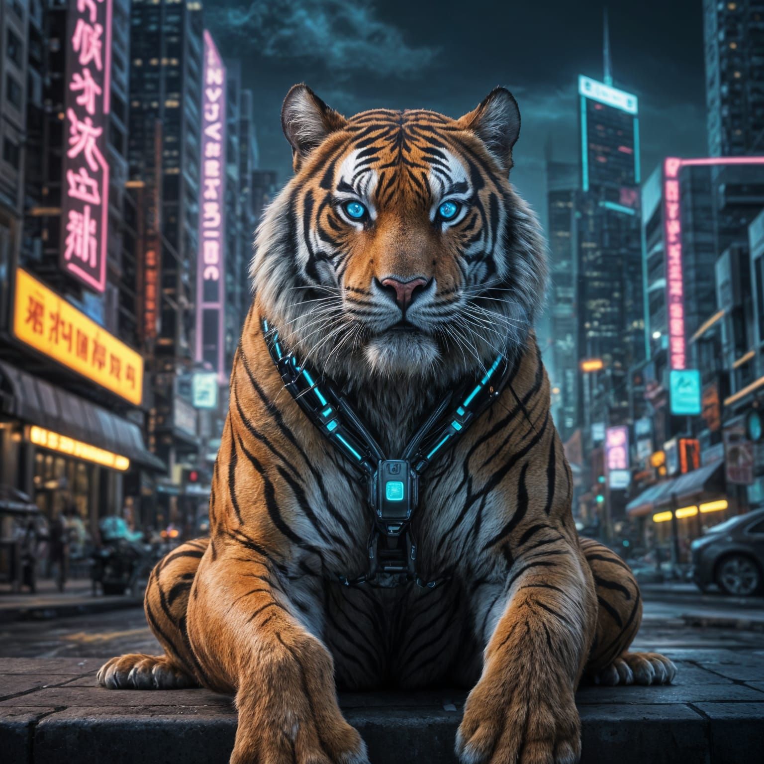 Cyberpunk Tiger in Neon Cityscape