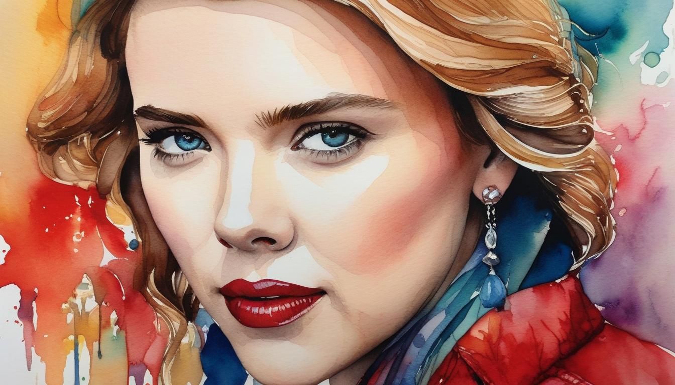 Scarlett Johansson Close-up in Watercolor and Ink