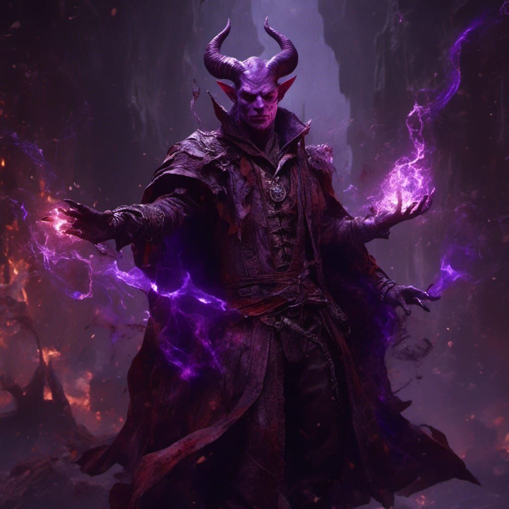 Tiefling Warlock with Dark Energy, Detailed Fantasy Art