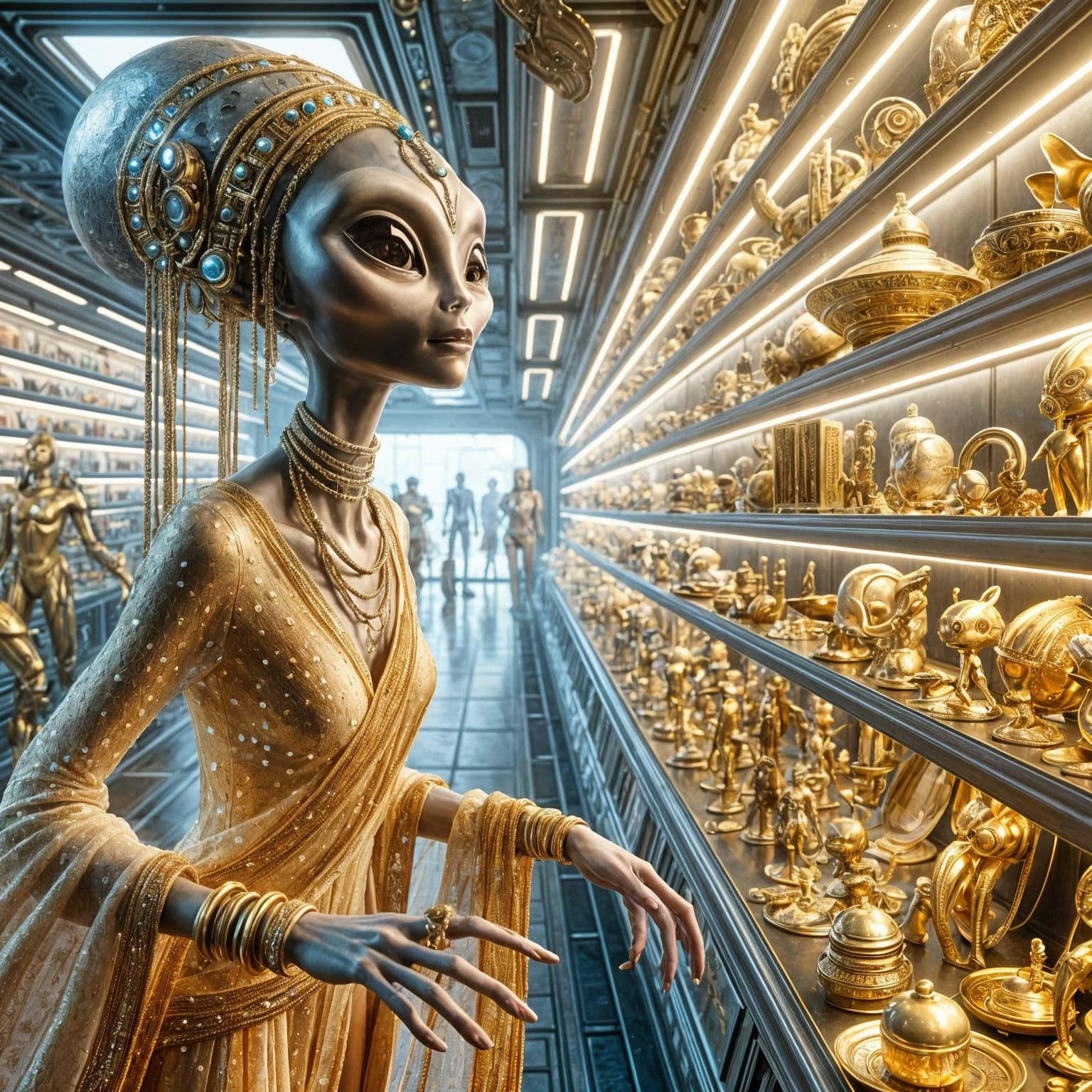 Sci-Fi Alien Woman Surrounded by Golden Trinkets