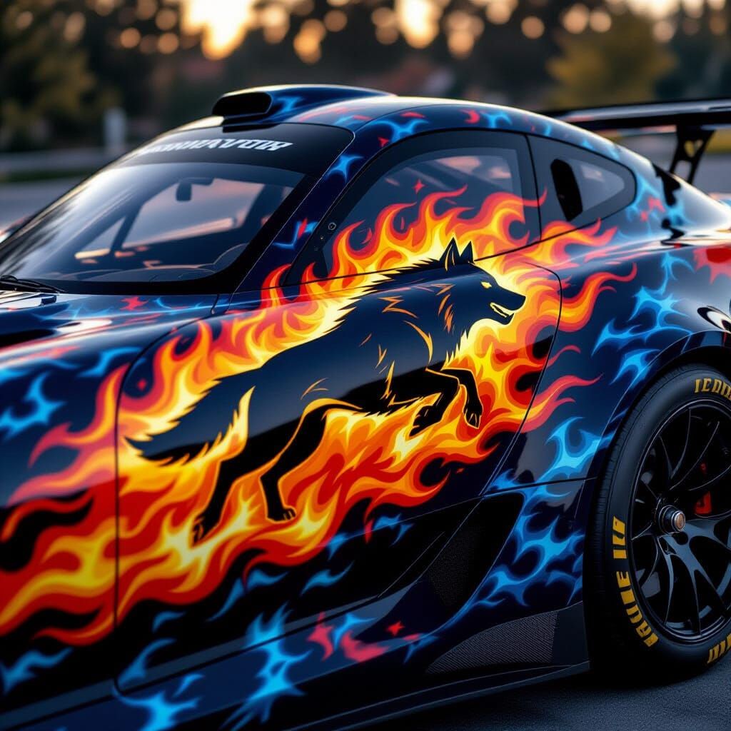 Wolf Silhouette on Racing Car Hood in Fantasy Style