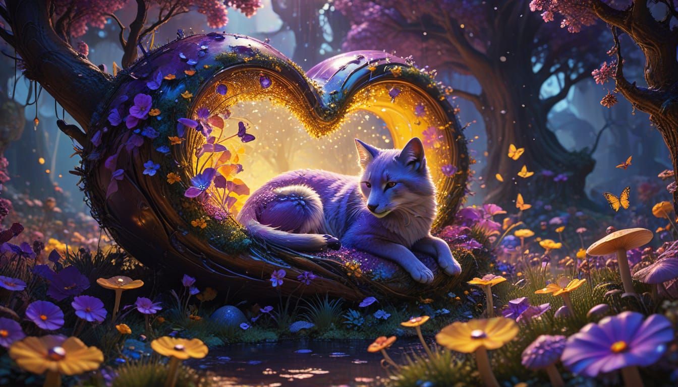 Surreal Oil Painting of Arctic Fox and Kitten Under Heart-Sh...