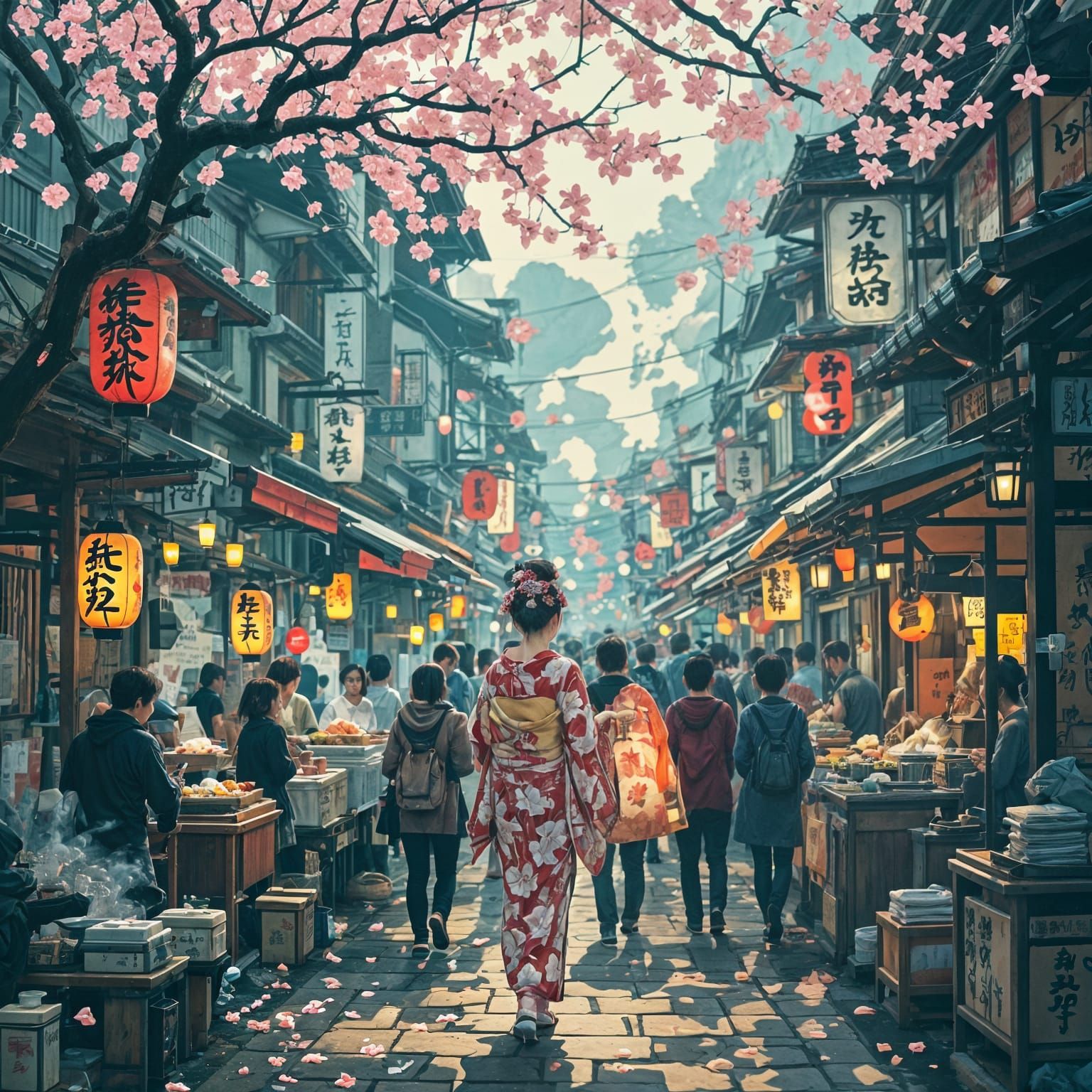 Kyoto Night Market: Geisha Amidst Lantern Light