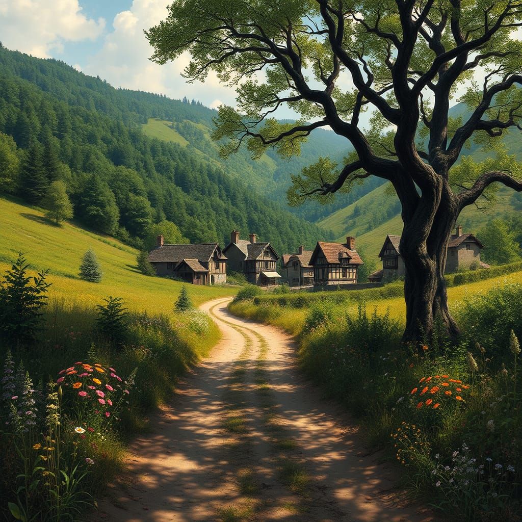 Medieval Village on Dirt Road, Romantic Landscape