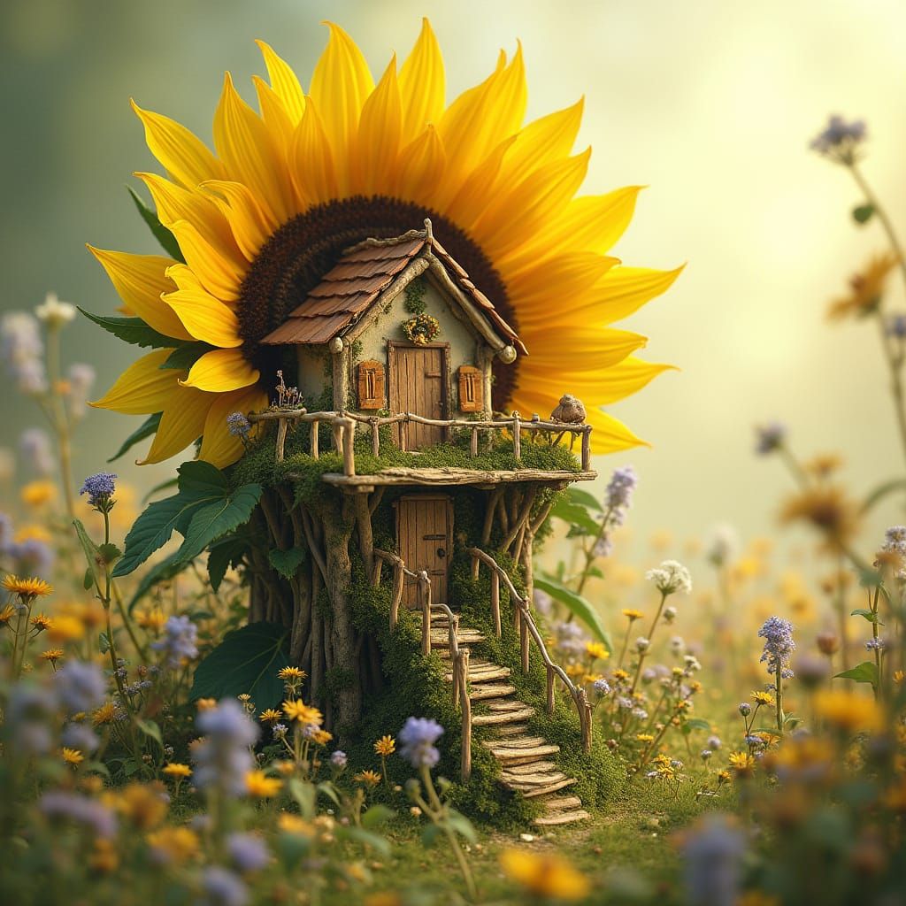 Enchanting Cottage Inside Giant Sunflower: Pastel Dreamscape