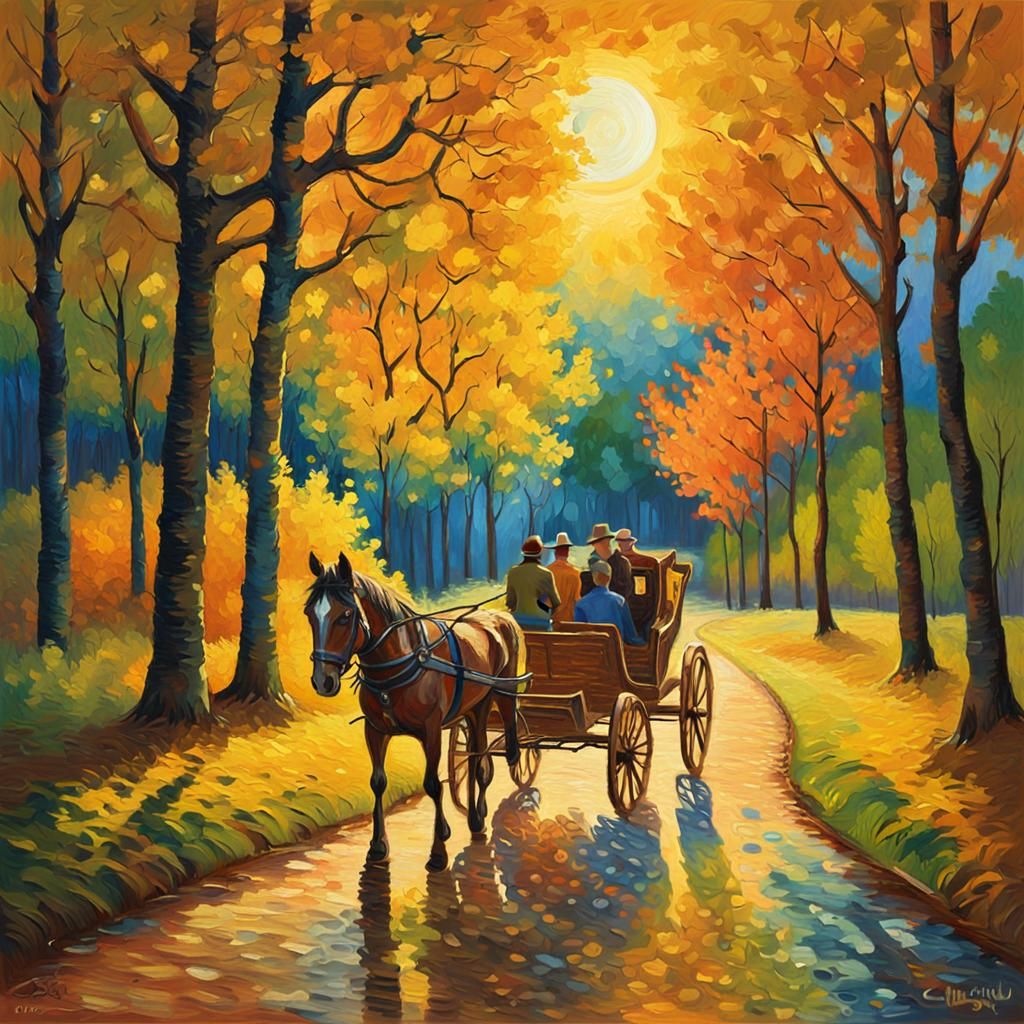 Horse Cart Through Trees, Impasto Oil Painting