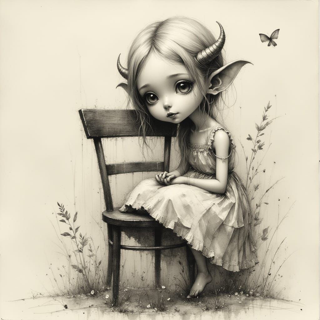 Surreal Pencil Drawing of a Young Woman with Horns