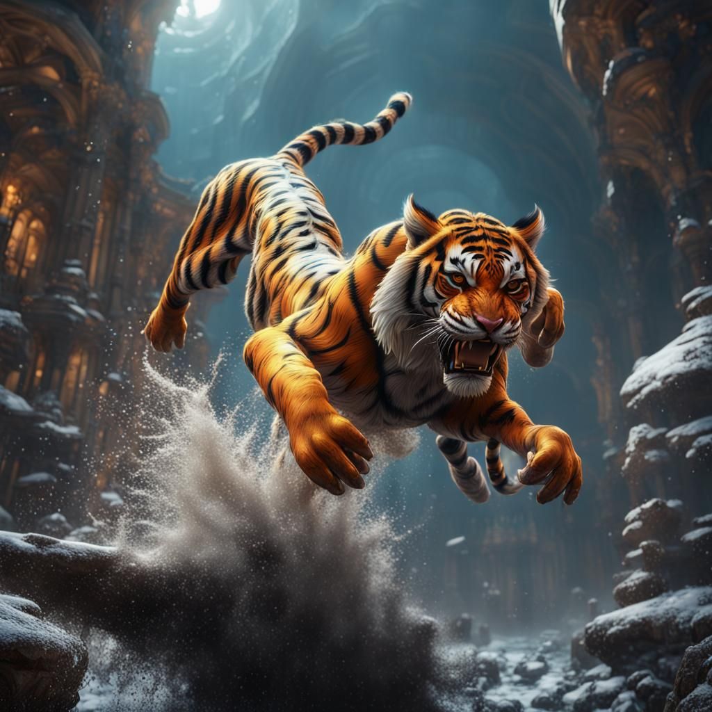 Terrofluid Tiger Leaping: Detailed Fantasy Art