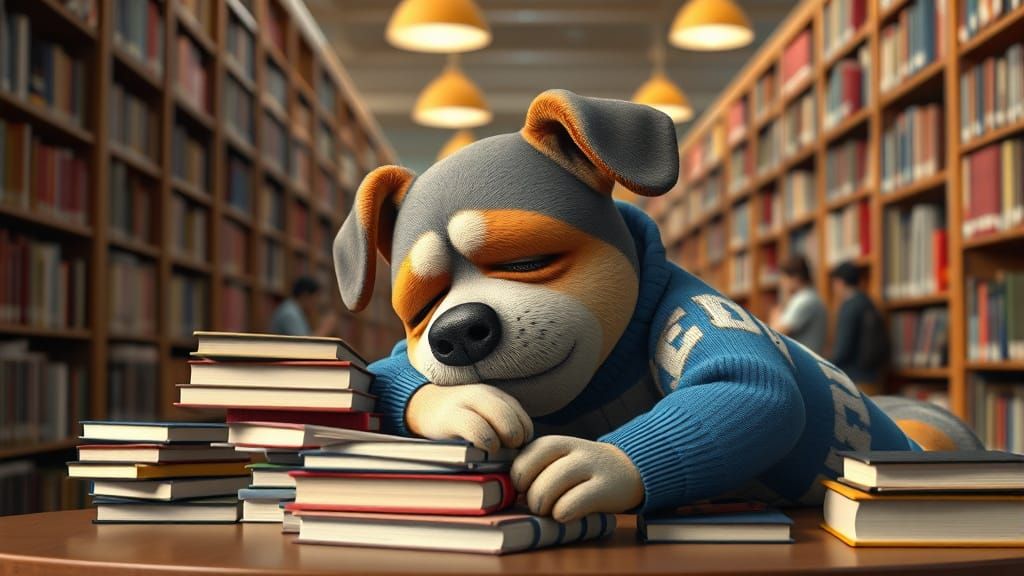 Anthropomorphic Dog Asleep in College Library: 3D Animation
