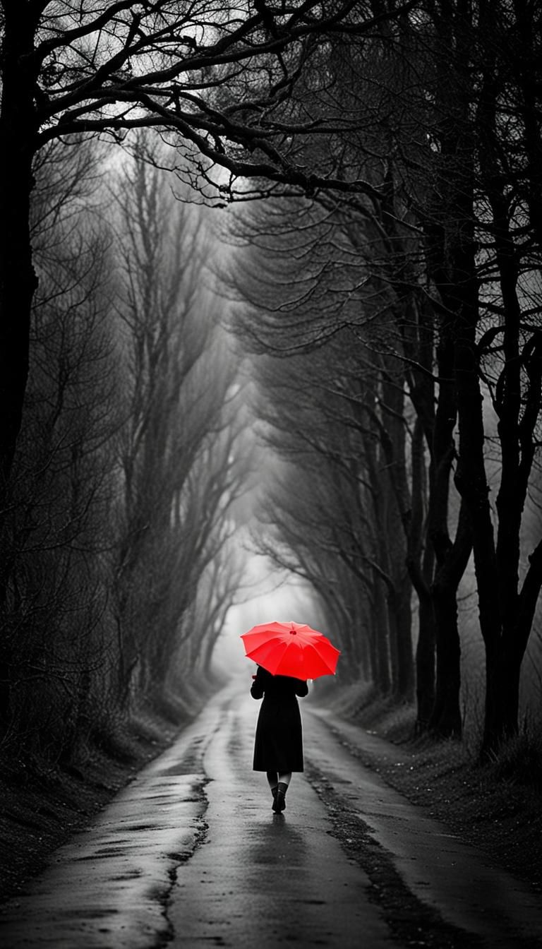 Woman with Red Umbrella in Grayscale Photograph