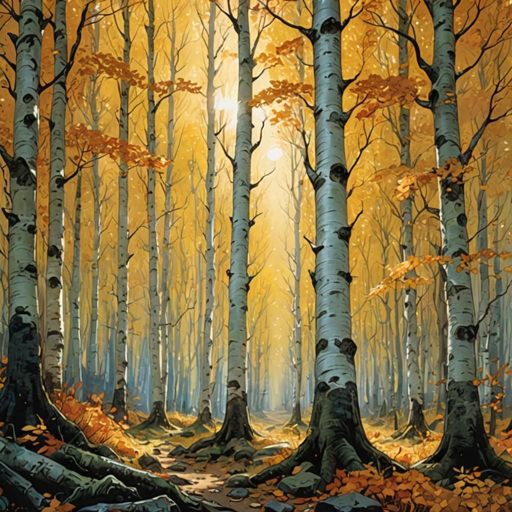Mystical Birch Forest in Golden Autumn Light