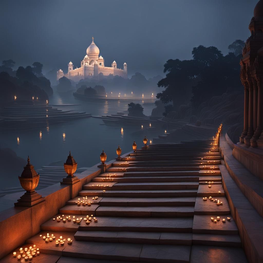 Ganges River at Night: Corot-Inspired Temple View