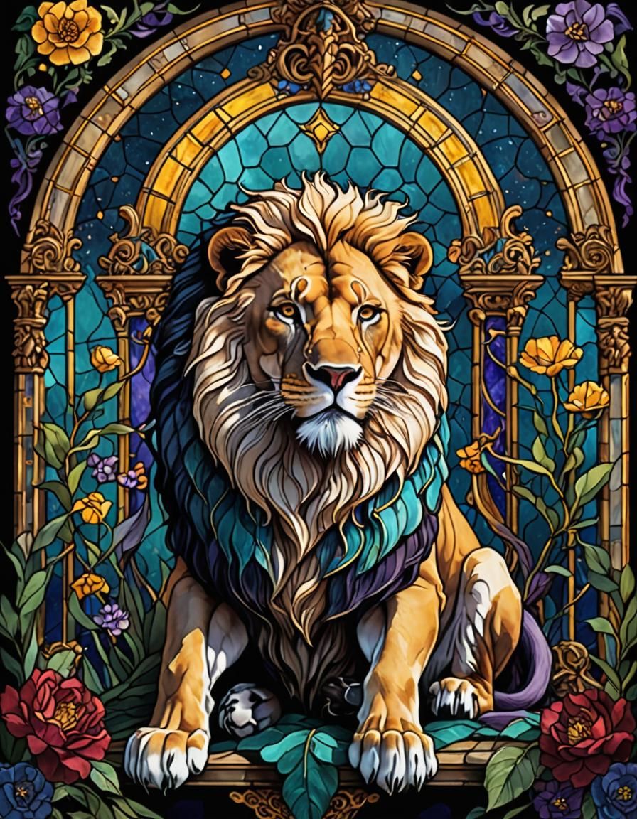 Stained Glass Lion with Gothic Pixies, Ornate Saddles
