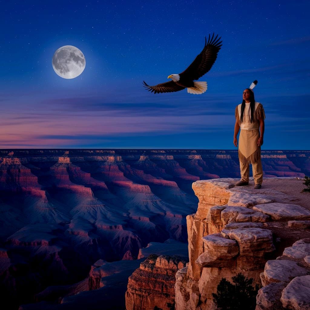 Native American Indian in Moonlit Blue Hour at Grand Canyon ...