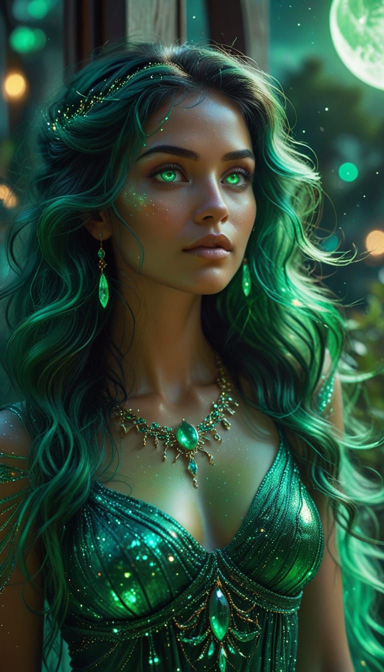 "mysterious beautiful woman with glowing emerald green eyes