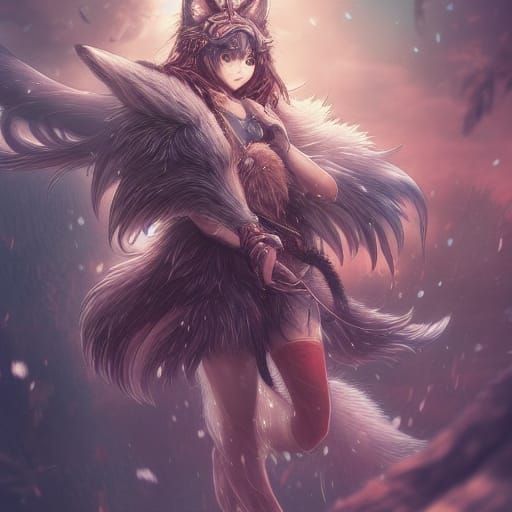 Detailed Wolf Girl Fantasy Art in Colored Pencil Style