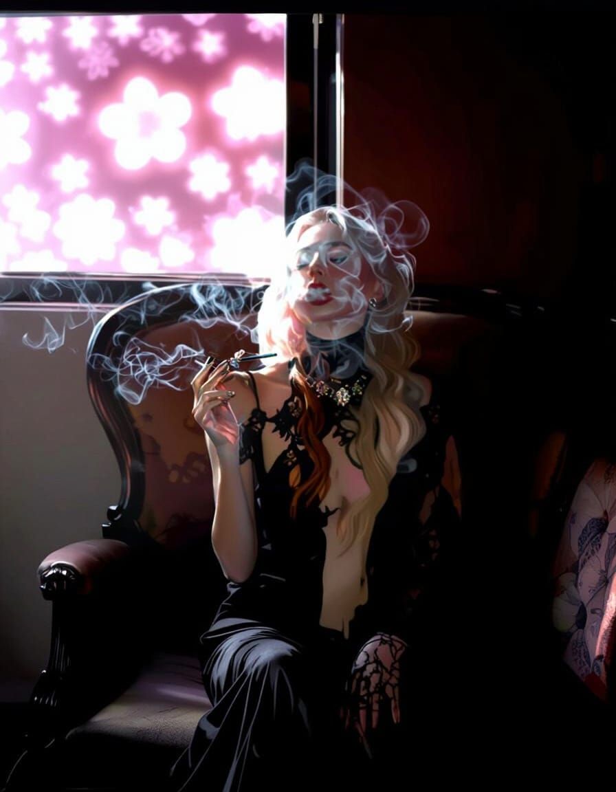 Serene Woman Smoking in Sunlight, Art Nouveau Style