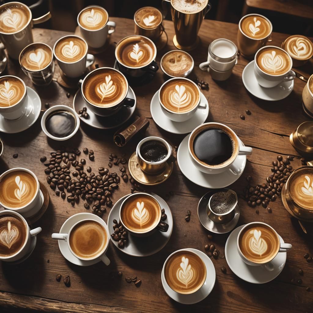 Magnificent Coffees in Golden Light: Hyper-Realistic Art