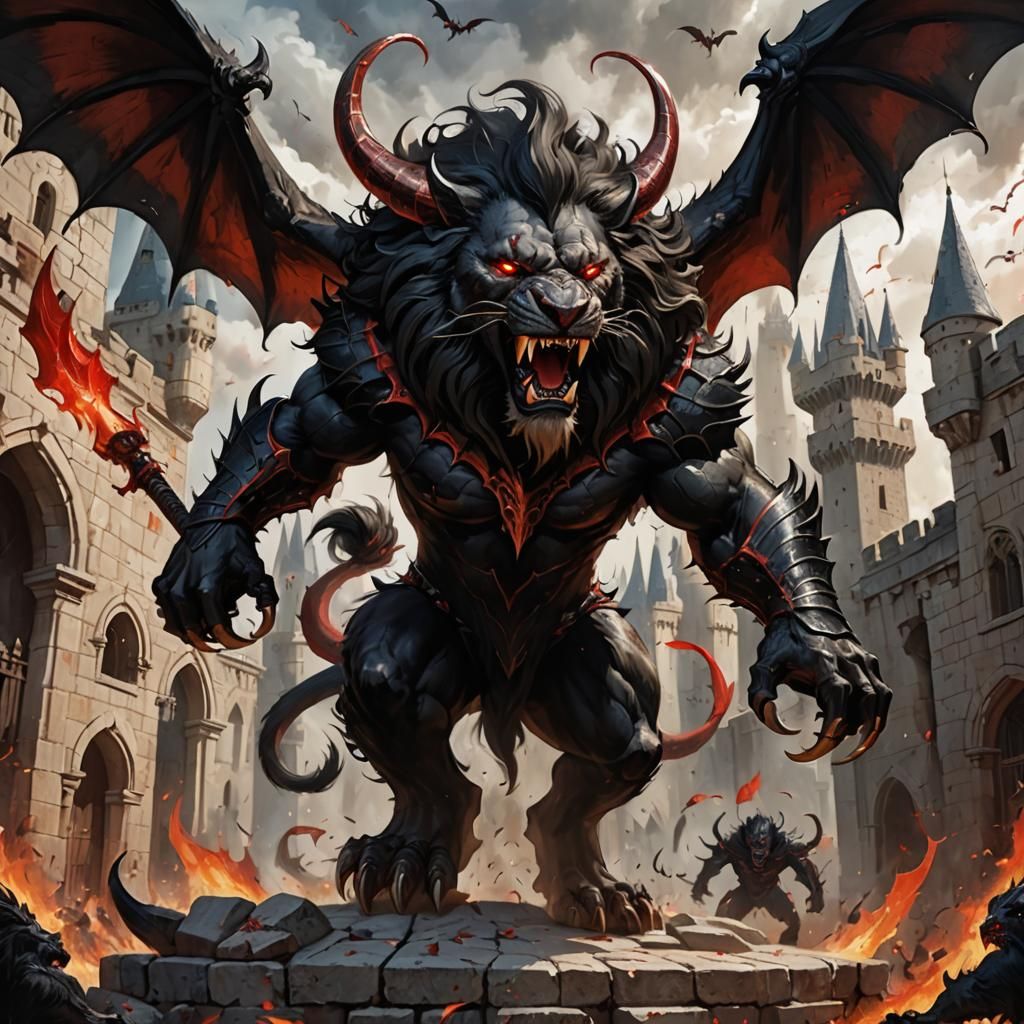 Demonic Lion Attacks Castle: Dark Fantasy Concept Art