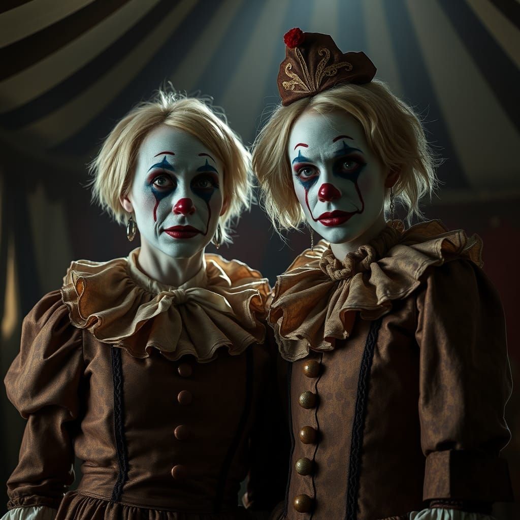 Melancholic Clown Sisters in Dimly Lit Circus Tent