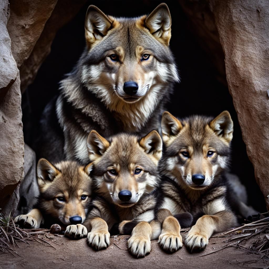 Wolf Cubs and Mother in Den: Realistic Animal Photography