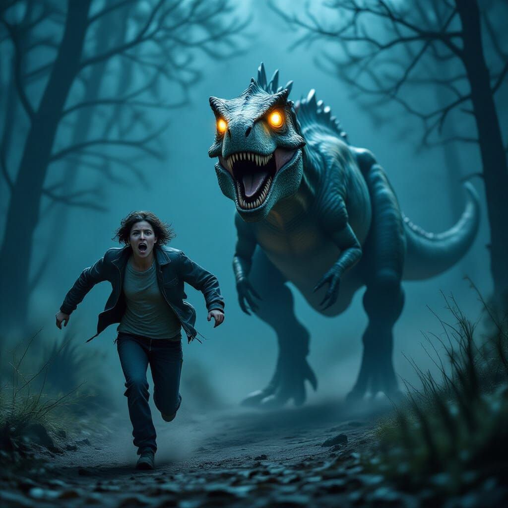 Realistic Dinosaur Chases Terrified Human in Misty Darkness