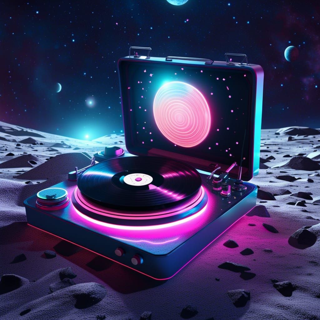 Vintage Vinyl Player on the Moon in Neon Style