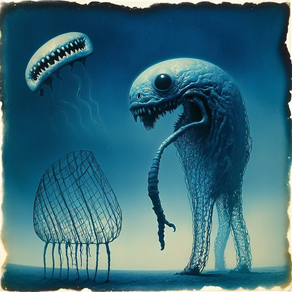 Distressed Figure Consumed by Alien Horror in Vintage Cyanot...