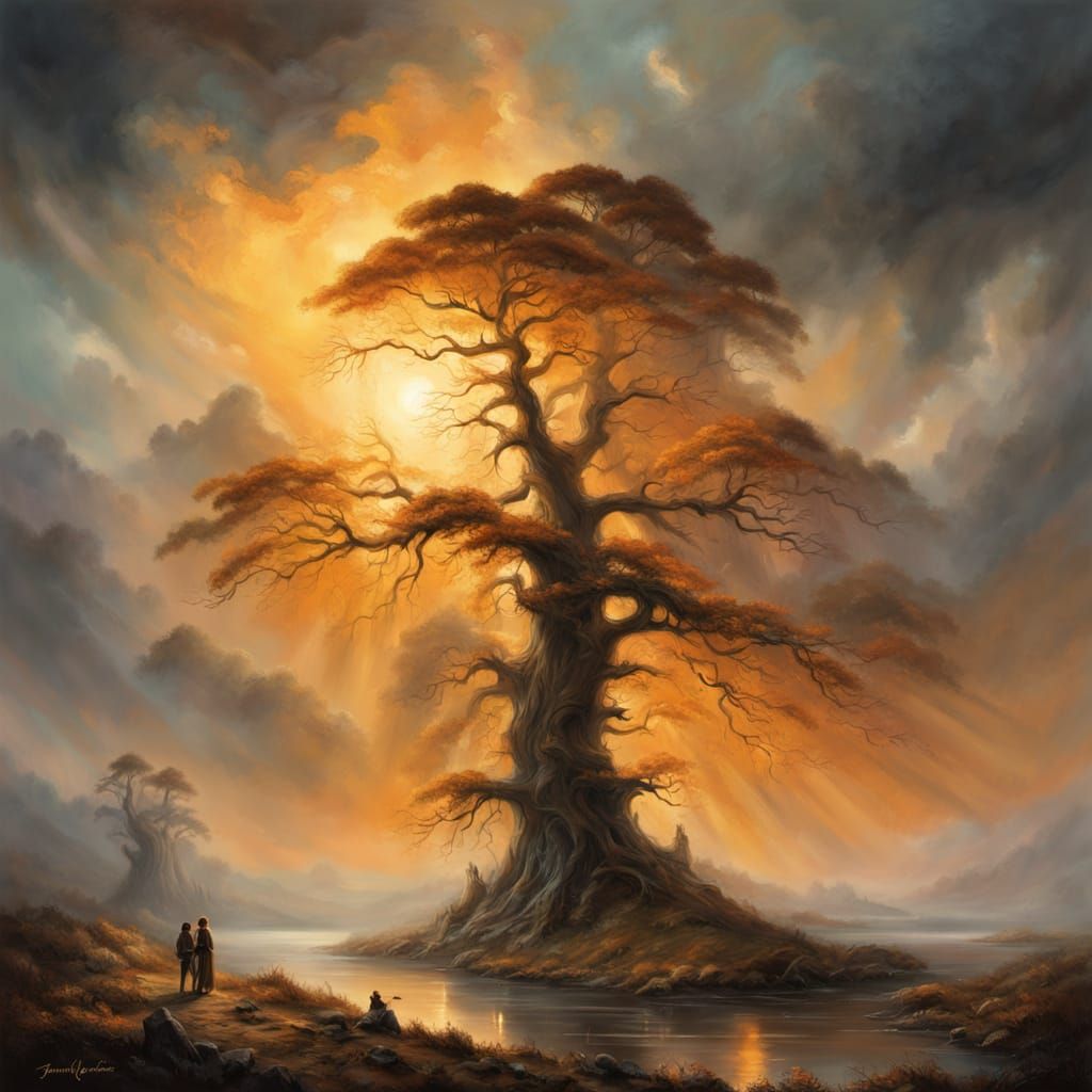 Dreamlike Landscape with Twisted Trees and Vibrant Pastel Sk...