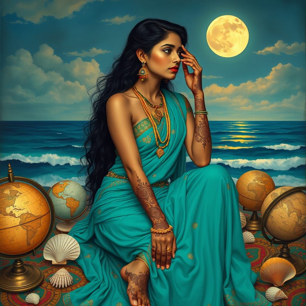 Mystical Indian Beauty Contemplates the Cosmos