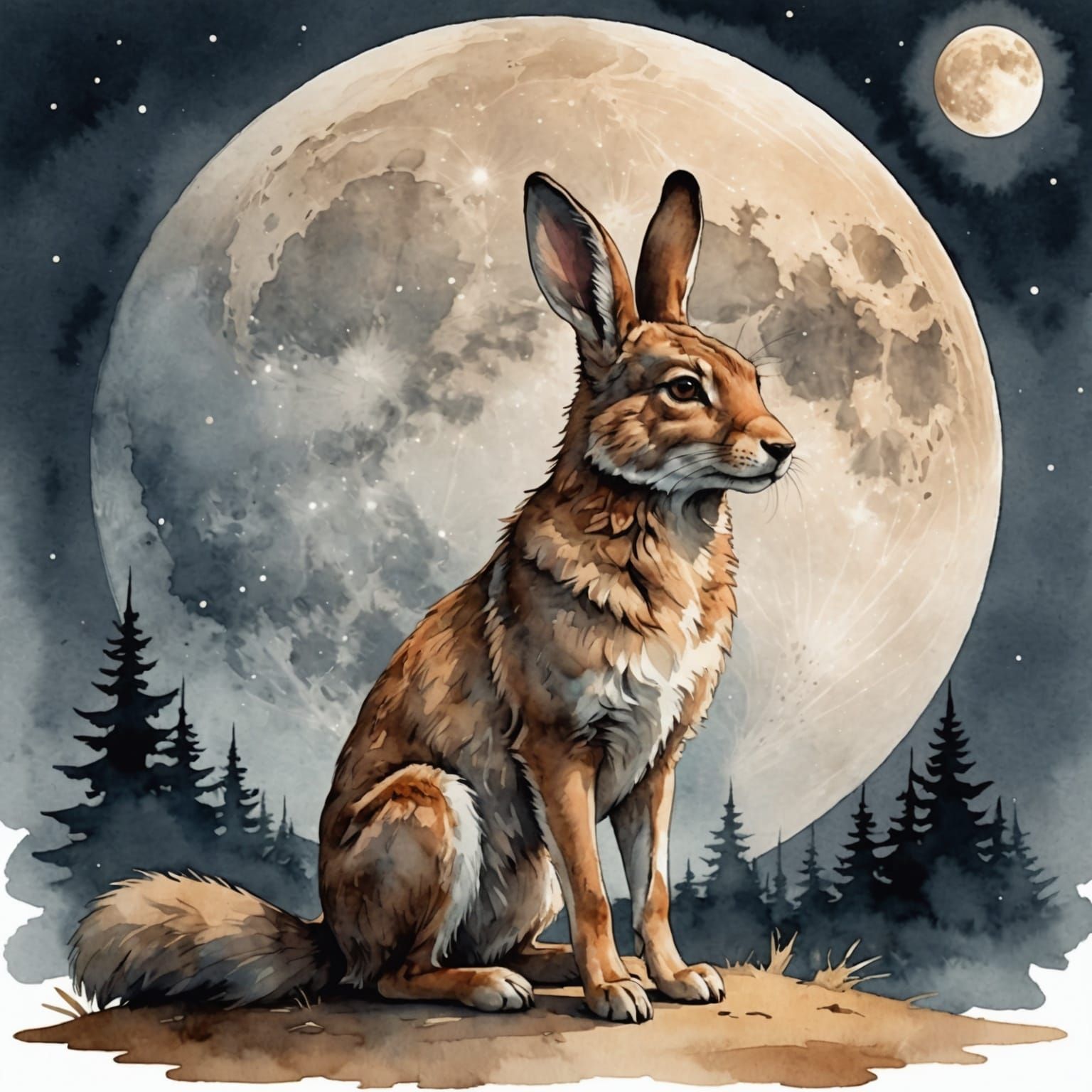 Watercolor Bunny Riding a Wolf Under the Moon