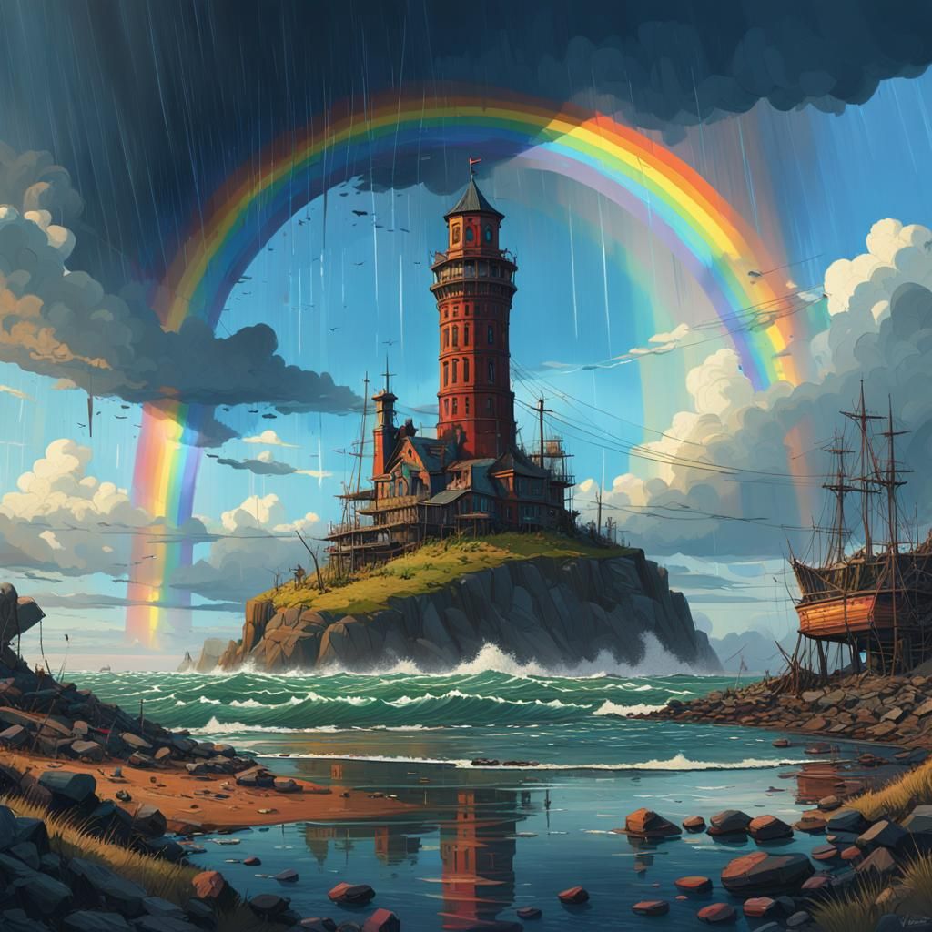 Rainbow Tower Over Stormy Sea: Fantasy Concept Art