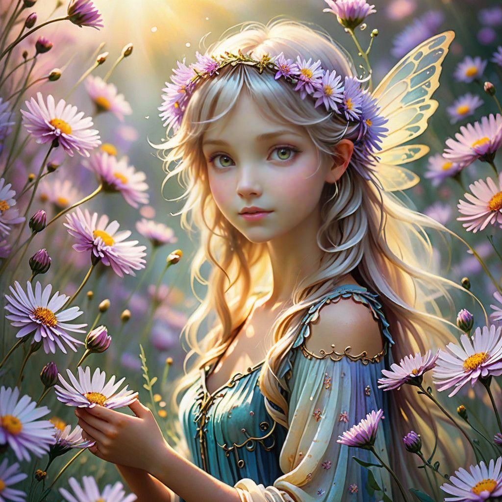 Whimsical Fairy Amidst Blooming Aster Flowers