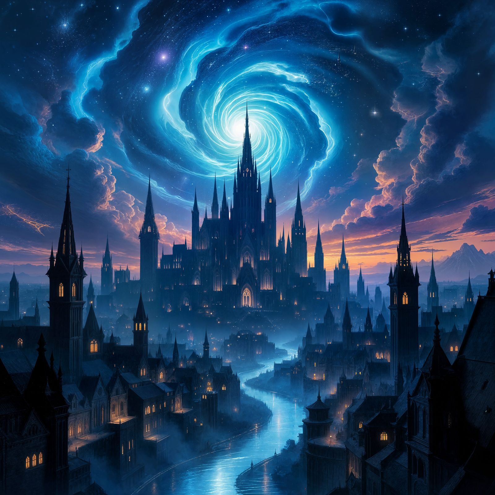 Gothic City Under Cosmic Twilight