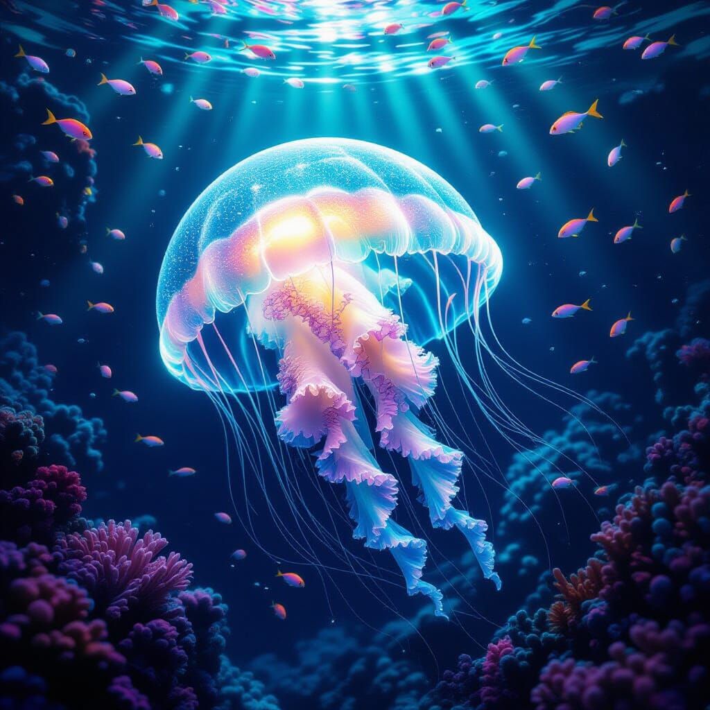 Bioluminescent Jellyfish Drifting Through Alien Coral Reef