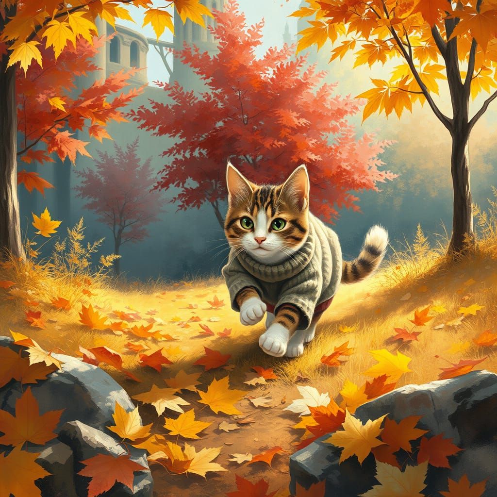 Whimsical Autumn Feline Adventure in Impressionist Style