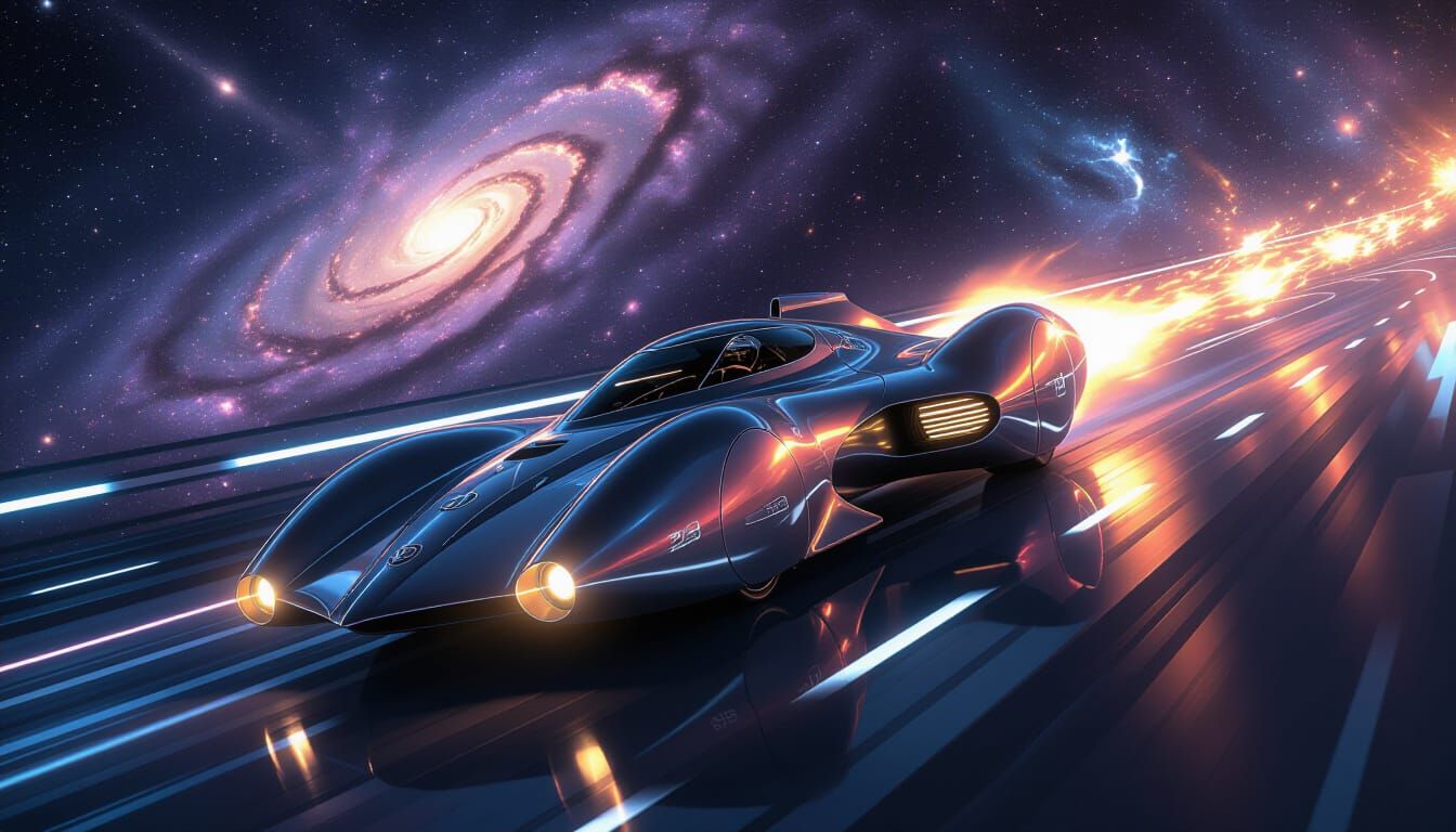 Formula 1 Spaceship Races Through Cosmic Highway