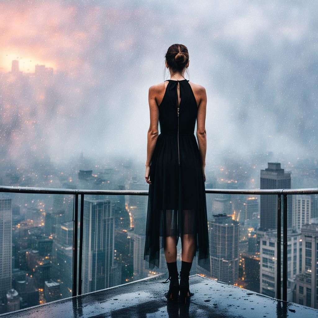 Girl in Black Dress at Sunrise on Skyscraper